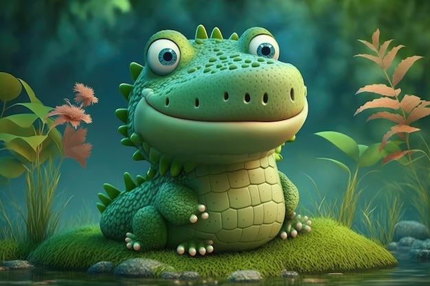 Un personaggio dei cartoni animati con un drago verde sulla testa