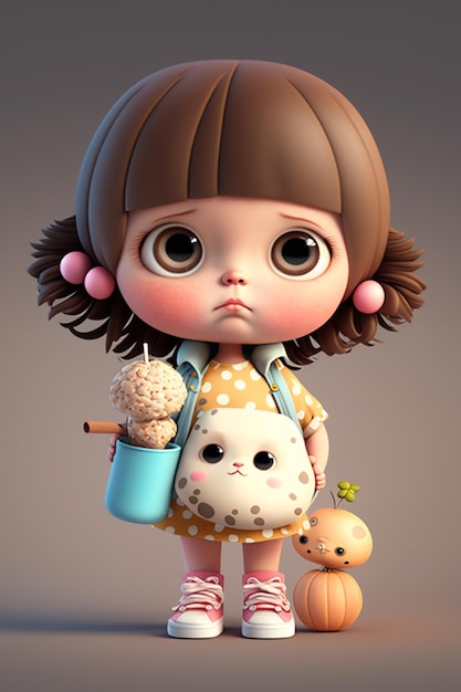 Un personaggio dei cartoni animati con un gatto che tiene in mano una tazza di gelato.
