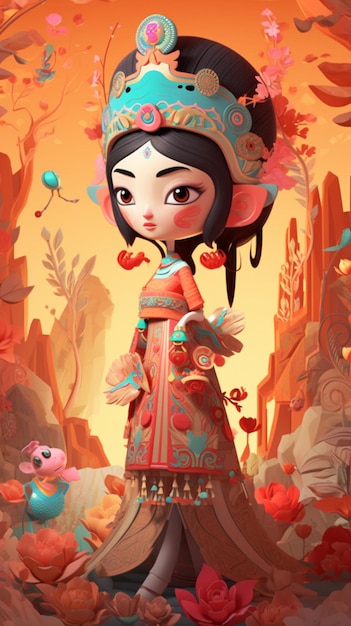 Un personaggio dei cartoni animati con un vestito rosso e un uccellino rosa sopra.
