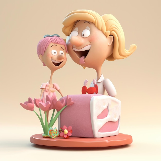 Un personaggio dei cartoni animati con una donna e una maglietta rosa sta guardando una torta con sopra il numero 2.