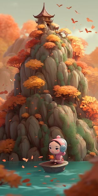 Un personaggio dei cartoni animati con una montagna sullo sfondo
