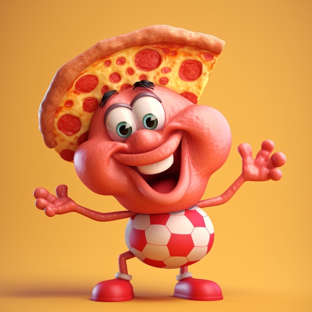 Un personaggio dei cartoni animati con una pizza in testa e una pizza in testa.