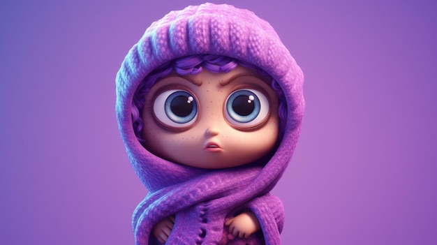 Un personaggio dei cartoni animati con una sciarpa viola e occhi grandi AI generativa