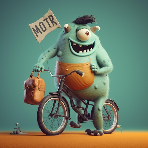 Un personaggio dei cartoni animati in bicicletta con un cartello che dice mott.