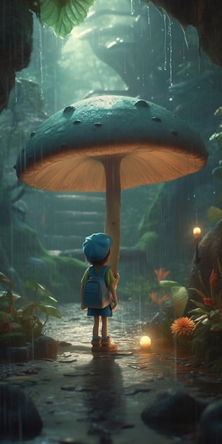 Un personaggio dei cartoni animati si trova sotto un fungo sotto la pioggia.