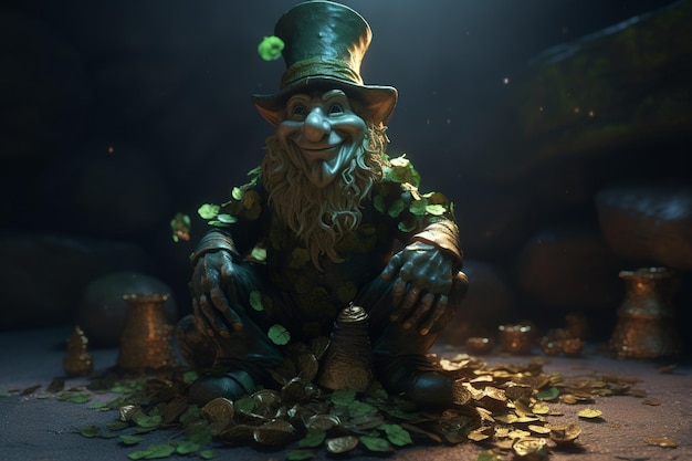 Un personaggio della serie animata leprechaun siede tra monete e monete.