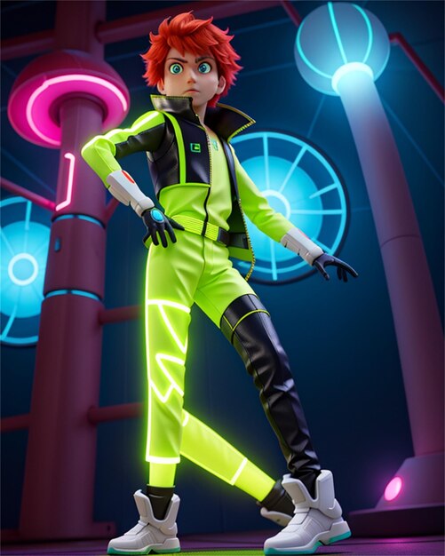 un personaggio di anime con un abito verde neon e un cartello al neon che dice anime.