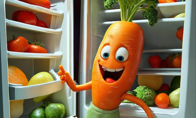 Un personaggio di carota personificato come un uomo apre un frigorifero pieno di prodotti freschi