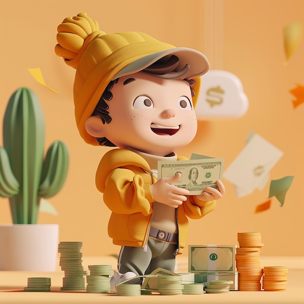 un personaggio di cartone animato con un biglietto da un dollaro e una pentola di soldi