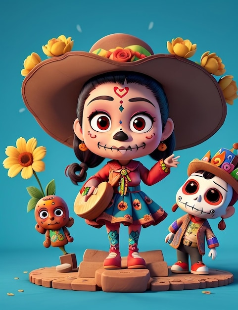 un personaggio di cartone animato con un cranio e fiori sulla testa