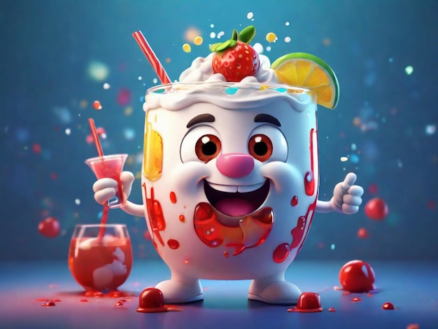 un personaggio di cartone animato con una fragola sulla faccia e una tazza di yogurt con una fragole su di esso
