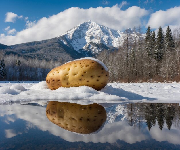 Un personaggio di cartone di mascotte di patate con un biscotto coperto di neve è sul ghiaccio davanti a una montagna