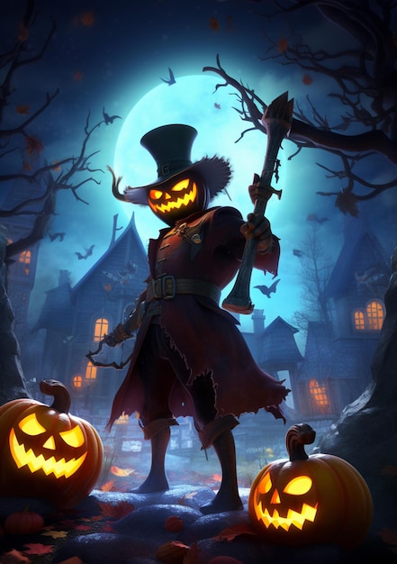 Un personaggio di Halloween con un cappello e una zucca davanti alla luna piena.