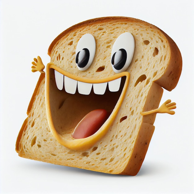 Un personaggio di pane umanizzato porta gioia su uno sfondo bianco IA generativa