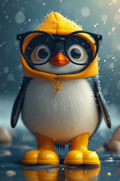 Un personaggio di pinguino animato con stivali gialli illustrazione 3D