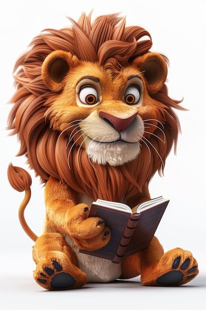 Un personaggio sotto forma di un leone intelligente che legge un libro illustrazione 3D Il concetto di insegnamento e lavoro educativo