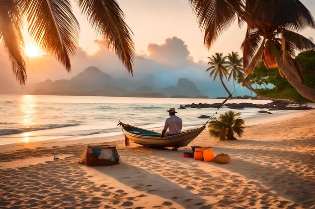 Un pescatore che ripara la sua rete seduto su una bellissima spiaggia tropicale