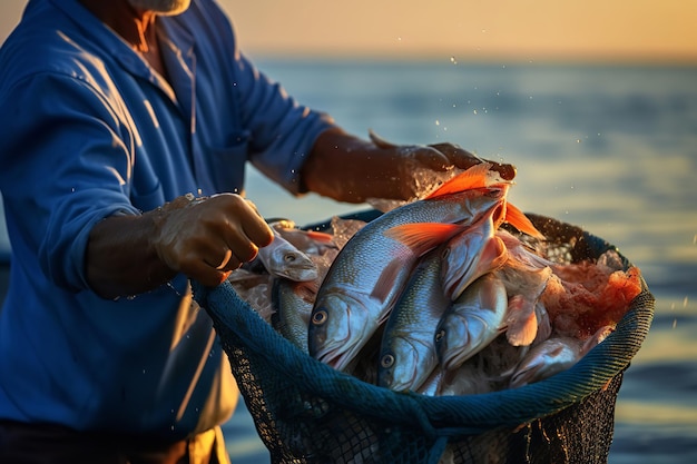 Un pescatore con una rete piena di pesce fresco