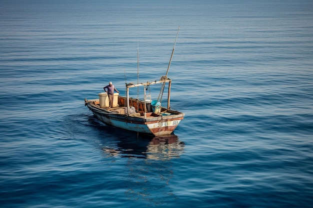 Un pescatore su una barca nell'oceano