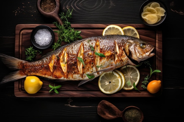 Un pesce alla griglia magnificamente presentato su un piatto di ardesia generato dall'intelligenza artificiale