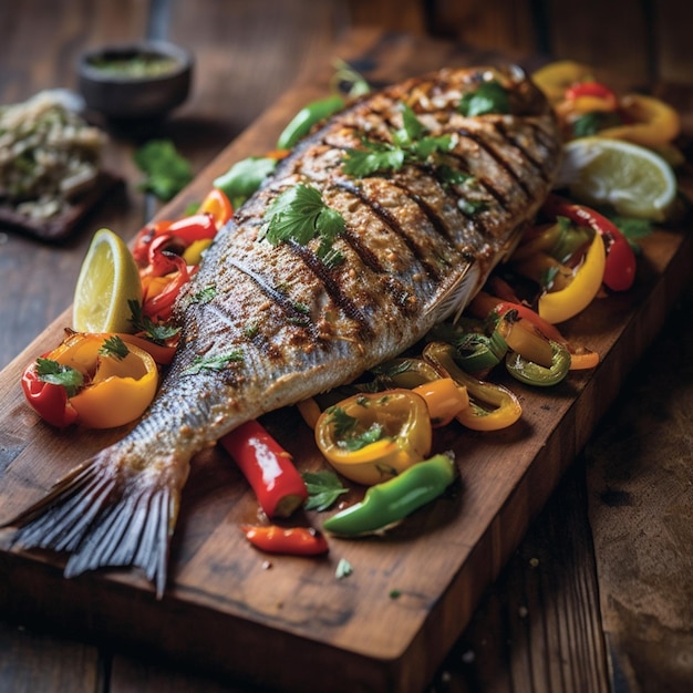 Un pesce alla griglia su un tagliere con verdure e coriandolo