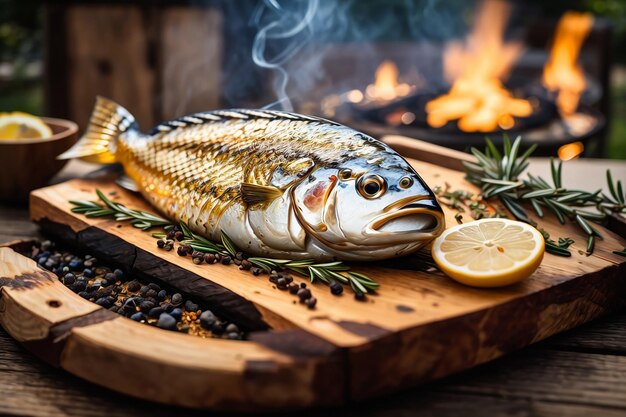 Un pesce alla griglia sulla tavola di legno in cucina