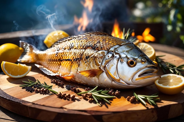 Un pesce alla griglia sulla tavola di legno in cucina