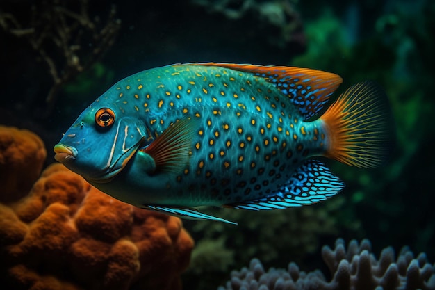 Un pesce azzurro con macchie gialle e macchie blu.