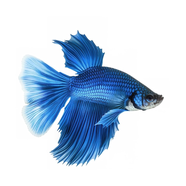 Un pesce azzurro con una lunga coda e uno sfondo bianco