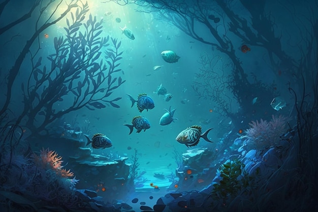 Un pesce azzurro sotto il mare