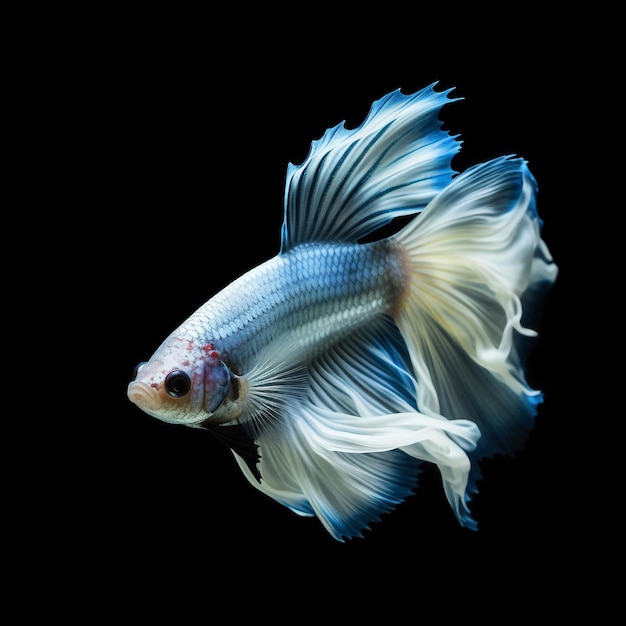 Un pesce betta bianco e blu con uno sfondo nero