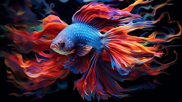 Un pesce betta colorato con uno sfondo nero.