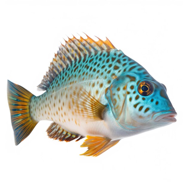Un pesce blu e arancione con uno sfondo bianco e uno sfondo bianco.