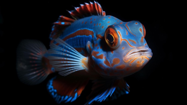 Un pesce blu e arancione con uno sfondo nero