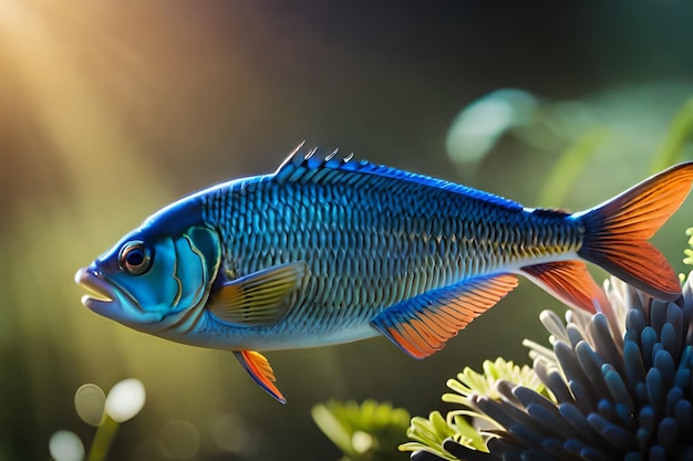 un pesce blu e bianco è in un serbatoio con una coda blu e arancione