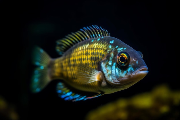 Un pesce blu e giallo con uno sfondo nero