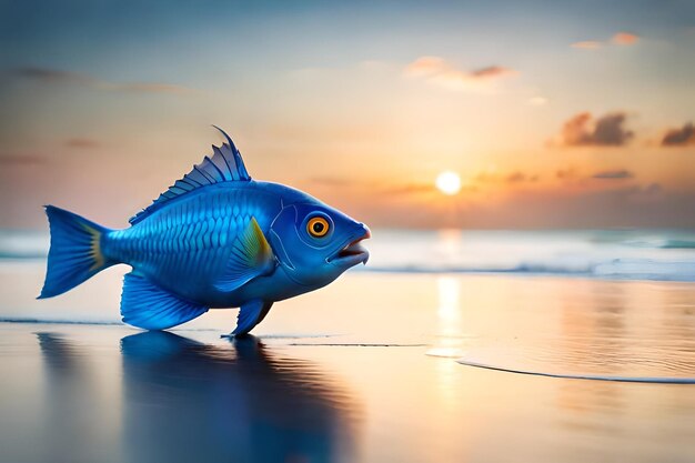 Un pesce blu su una spiaggia con un tramonto sullo sfondo