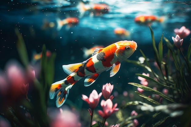 Un pesce che nuota in una vasca con piante e fiori.