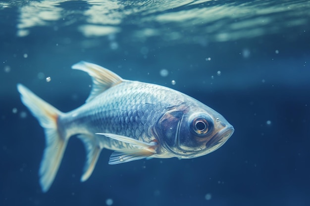 Un pesce che nuota nell'acqua con la parola pesce sul fondo.