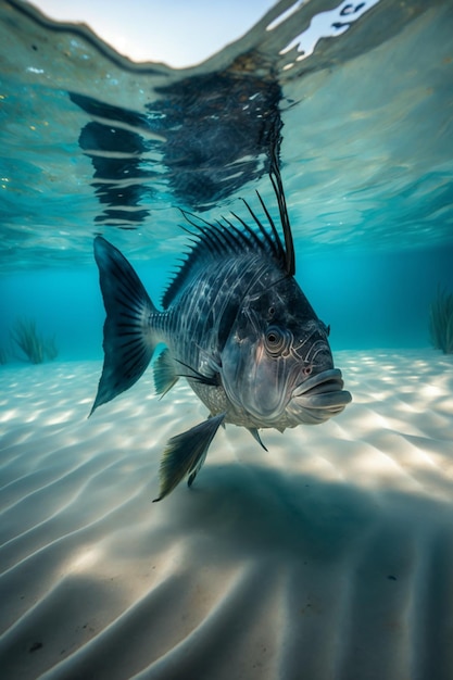 Un pesce che nuota nell'oceano con un subacqueo sullo sfondo.