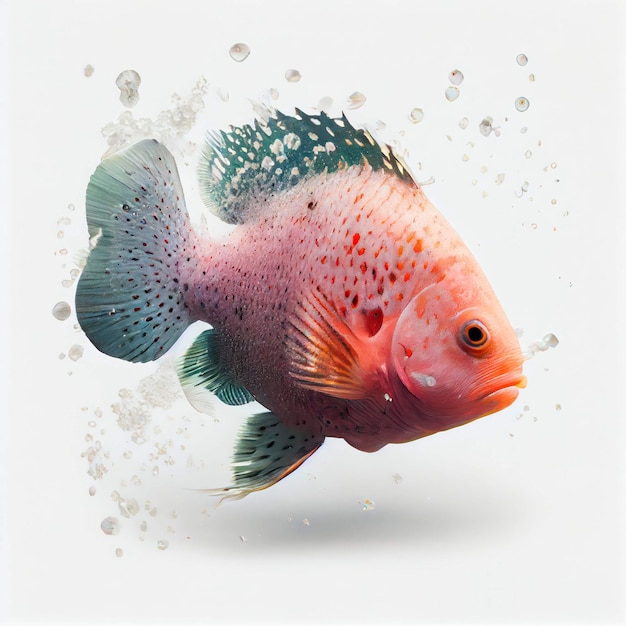 Un pesce ciclide Flowerhorn ultra realistico con strisce blu e verdi sta nuotando nell'acqua