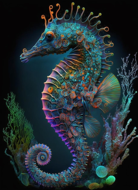 Un pesce colorato con un disegno a spirale sulla schiena su uno sfondo nero.