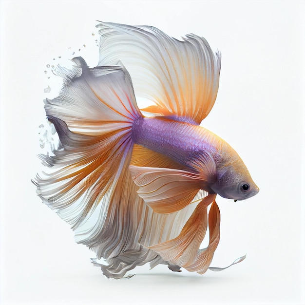 Un pesce colorato con uno sfondo bianco con coda bianca e arancione sta nuotando nell'acqua
