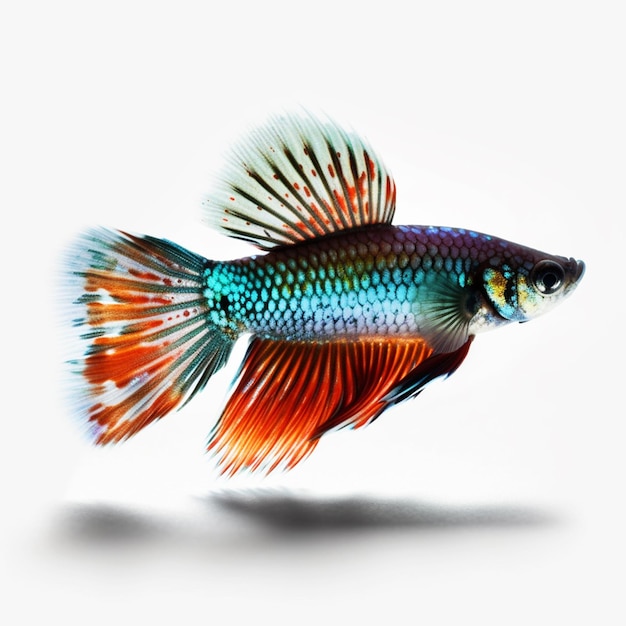 Un pesce colorato con uno sfondo bianco e una striscia nera sulla coda.