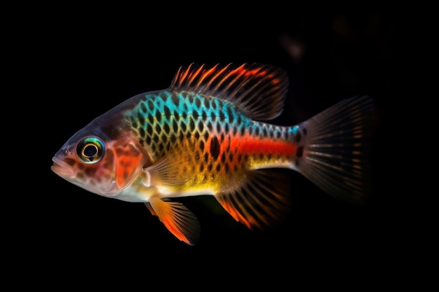 Un pesce colorato con uno sfondo nero