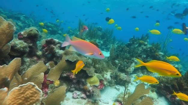 Un pesce colorato nuota sopra una barriera corallina.