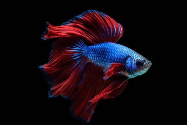 Un pesce combattente siamese blu e rosso con uno sfondo nero