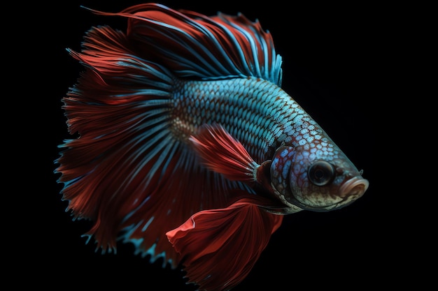 Un pesce con coda rossa e blu e coda blu