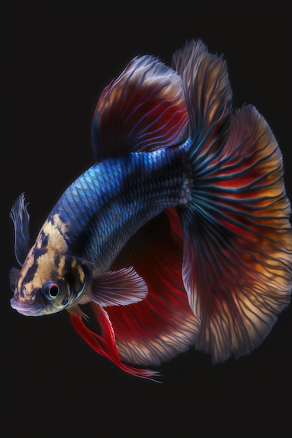Un pesce con coda rossa e blu e macchie nere.