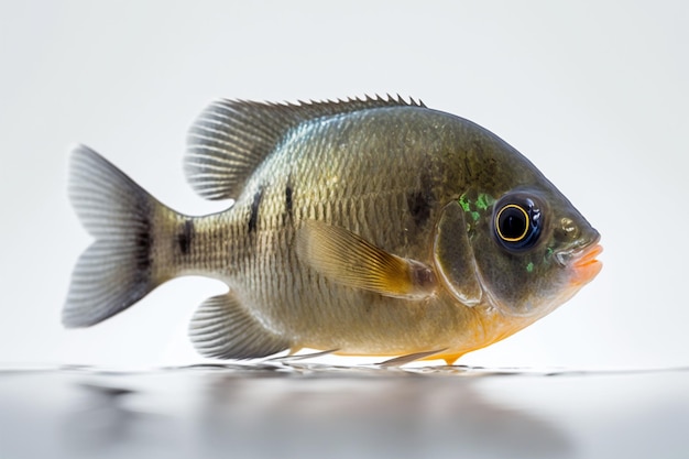 Un pesce con la testa gialla e le pinne verdi si trova su una superficie bianca.